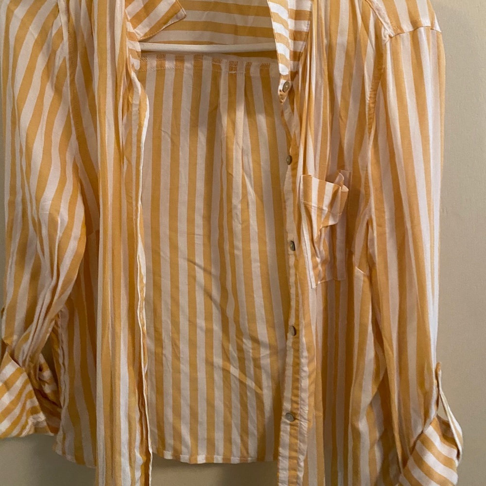 yellow and white striped button up.